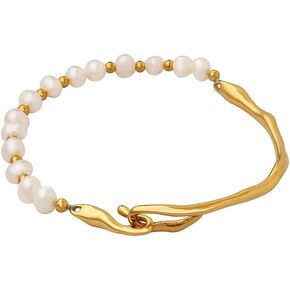 سوار بانجل من الذهب عيار 14 قيراط للنساء، سوار حلقي انيق من لؤلؤ المياه العذبة المستزرع، هدية مجوهرات عصرية للام والصديقة والزوجة in Kuwait