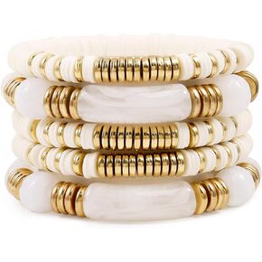 A Golden Cloud Colorful Bamboo Tube Bangle Bracelets For Women Chunky Gold Stackable Clay Beaded Acrylic Bracelets Set Summer Beach Boho Trendy Jewelry Gift