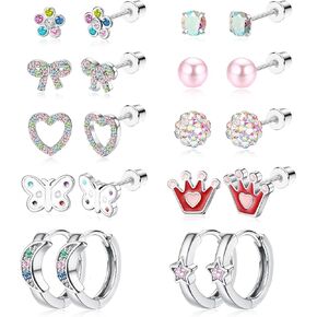 FIBO STEEL 10 Pairs Hypoallergenic Screw Back Earrings for Women Girls Surgical Steel Stud Hoop Earrings Set Cute CZ Flower Butterfly Heart Knot Screwback Earrings Pack Mix Color in Saudi Arabia