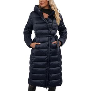Bellivera Women's Puffer Jacket Lightweight Quilted Hooded Long Down Alternative Coat with Belt