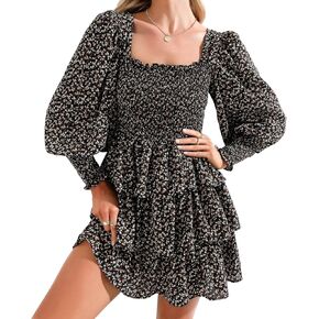 Byinns Women's 2024 Square Neck Ruffle Dress Long Sleeve Floral Print Tiered Tie Back Layered Swing Mini Dress