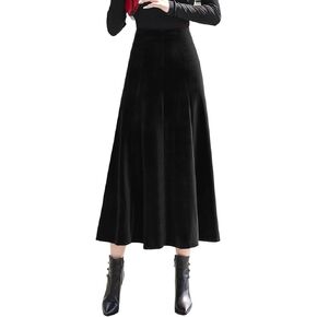 ebossy Womens Vintage Elastic High Waist Pleated Velvet Skirt Winter Warm Thicken Flowy Swing A-line Mid Skirt