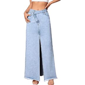 SweatyRocks Women's Wrap Waist Zipper Fly Raw Hem Denim Skirt Split Thigh Maxi Skirts