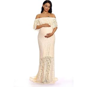 ZIUMUDY Women's Off Shoulder Ruffles Lace Maternity Gown Maxi Photography Baby Shower Dress in Saudi Arabia