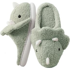 Caistre Adult Unisex Animal Slippers Warm Plush Dinosaur Design Home Shoes Funny Triceratops Slippers Non-Slip Bedroom Slippers