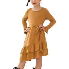 QPANCY Girls Long Sleeve Dresses Round Neck Casual Ruffle Swing Dress with Belt