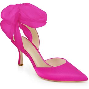 Womens Satin Heels Lace up Closed Pointed Toe Bride Dress Shoes Mid Heel Bow Wedding Pumps