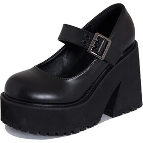 AMINUGAL Black Platform Wedge Sandals for Women Chunky Block Heel Closed Toe Goth Black Heels Dressy Summer T Strap Black Platform Mary Jane Shoes Women Cute Buckle Black Pumps Adjustable Ankle Strap Black Sandals Comfortable Fashion Casual in Kuwait