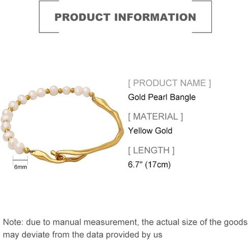 سوار بانجل من الذهب عيار 14 قيراط للنساء، سوار حلقي انيق من لؤلؤ المياه العذبة المستزرع، هدية مجوهرات عصرية للام والصديقة والزوجة in Kuwait