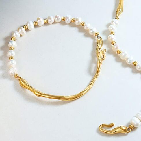 سوار بانجل من الذهب عيار 14 قيراط للنساء، سوار حلقي انيق من لؤلؤ المياه العذبة المستزرع، هدية مجوهرات عصرية للام والصديقة والزوجة in Kuwait