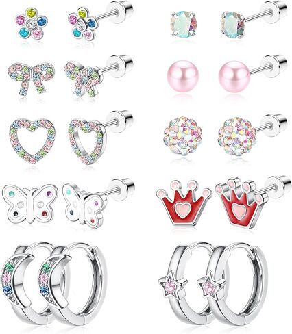 FIBO STEEL 10 Pairs Hypoallergenic Screw Back Earrings for Women Girls Surgical Steel Stud Hoop Earrings Set Cute CZ Flower Butterfly Heart Knot Screwback Earrings Pack Mix Color in Saudi Arabia