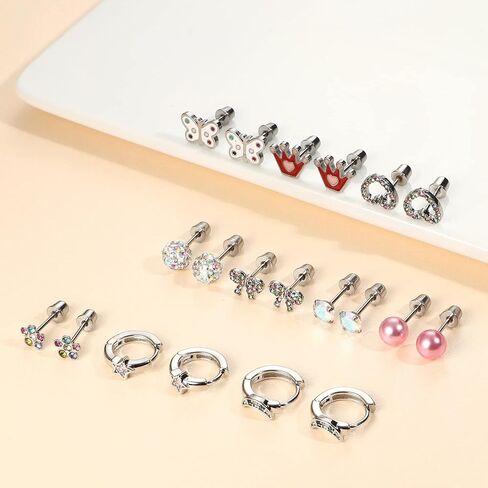 FIBO STEEL 10 Pairs Hypoallergenic Screw Back Earrings for Women Girls Surgical Steel Stud Hoop Earrings Set Cute CZ Flower Butterfly Heart Knot Screwback Earrings Pack Mix Color in Saudi Arabia