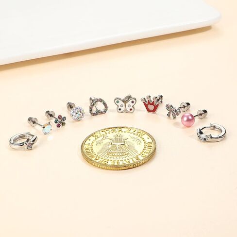 FIBO STEEL 10 Pairs Hypoallergenic Screw Back Earrings for Women Girls Surgical Steel Stud Hoop Earrings Set Cute CZ Flower Butterfly Heart Knot Screwback Earrings Pack Mix Color in Saudi Arabia