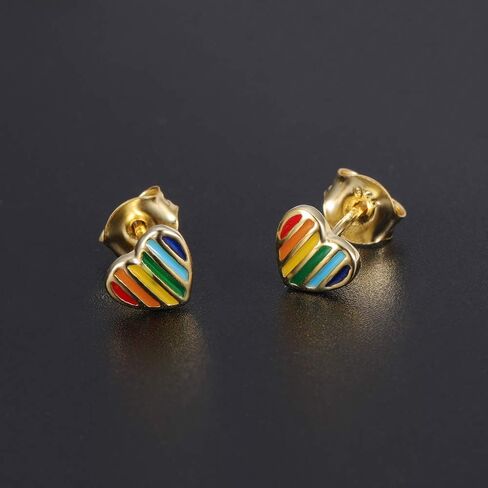 AoedeJ 14K Gold Plated Heart Stud Earrings Sterling Silver Girls Earrings Rainbow Heart Small Stud Earrings for Women  in Kuwait