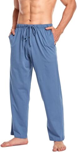 COLORFULLEAF 100٪ قطن بيجامة السراويل للرجال لينة الصالة النوم متماسكة أسفل مع جيوب in Kuwait