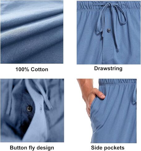 COLORFULLEAF 100٪ قطن بيجامة السراويل للرجال لينة الصالة النوم متماسكة أسفل مع جيوب in Kuwait