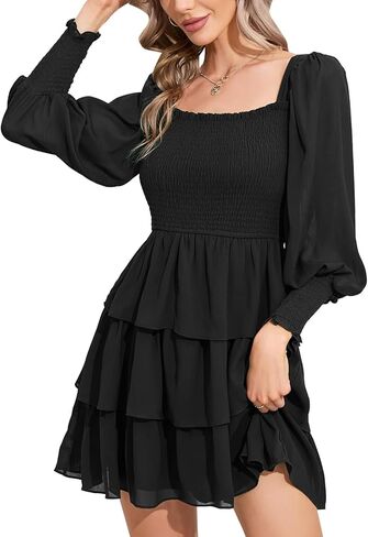 فستان Byinns نسائي برقبة مربعة مكشكش وأكمام طويلة وطباعة ورود وطبقات وربطة خلفية وطبقات فستان قصير متأرجح in Kuwait