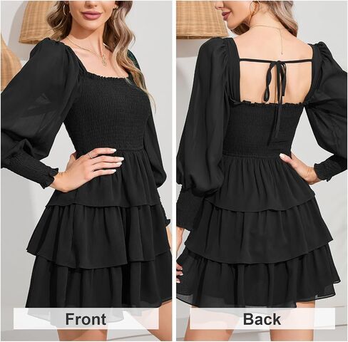 فستان Byinns نسائي برقبة مربعة مكشكش وأكمام طويلة وطباعة ورود وطبقات وربطة خلفية وطبقات فستان قصير متأرجح in Kuwait