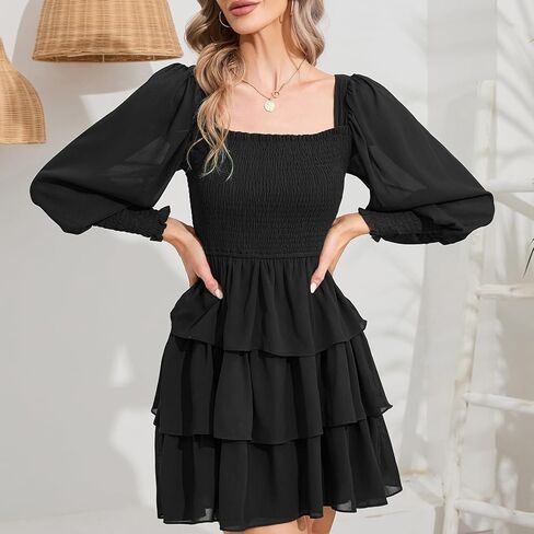 فستان Byinns نسائي برقبة مربعة مكشكش وأكمام طويلة وطباعة ورود وطبقات وربطة خلفية وطبقات فستان قصير متأرجح in Kuwait