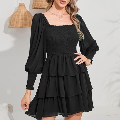 فستان Byinns نسائي برقبة مربعة مكشكش وأكمام طويلة وطباعة ورود وطبقات وربطة خلفية وطبقات فستان قصير متأرجح in Kuwait