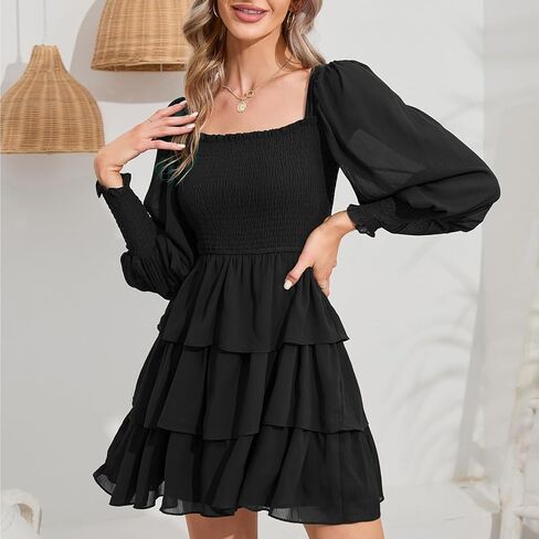 فستان Byinns نسائي برقبة مربعة مكشكش وأكمام طويلة وطباعة ورود وطبقات وربطة خلفية وطبقات فستان قصير متأرجح in Kuwait