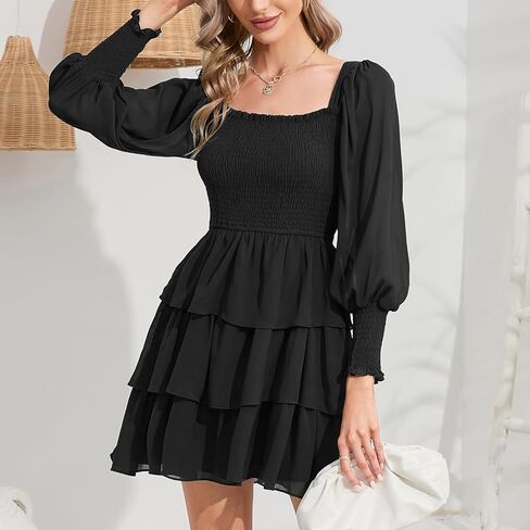 فستان Byinns نسائي برقبة مربعة مكشكش وأكمام طويلة وطباعة ورود وطبقات وربطة خلفية وطبقات فستان قصير متأرجح in Kuwait