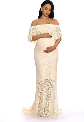 ZIUMUDY Women's Off Shoulder Ruffles Lace Maternity Gown Maxi Photography Baby Shower Dress in Kuwait