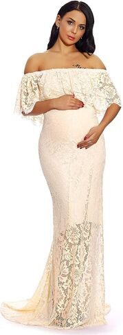 ZIUMUDY Women's Off Shoulder Ruffles Lace Maternity Gown Maxi Photography Baby Shower Dress in Kuwait