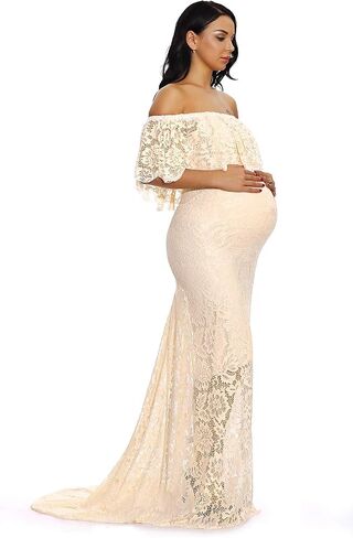 ZIUMUDY Women's Off Shoulder Ruffles Lace Maternity Gown Maxi Photography Baby Shower Dress in Kuwait