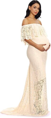 ZIUMUDY Women's Off Shoulder Ruffles Lace Maternity Gown Maxi Photography Baby Shower Dress in Kuwait