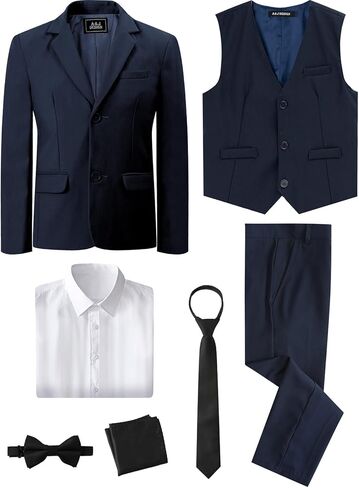 A&J DESIGN Boys 7-Piece Formal Suit Ring Bearer Outfit with Dress Shirt, Jacket, Vest, Pants, Tie, Bowtie and Pocket Square in Kuwait
