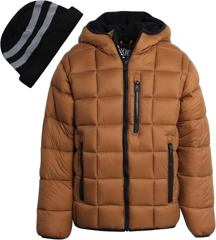 DKNY Boys' Jacket – Lightweight Checker Quilted Packable Puffer Coat with Beanie Winter Hat (8-20) in Saudi Arabia