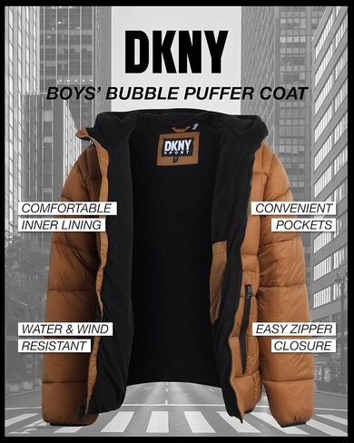 DKNY Boys' Jacket – Lightweight Checker Quilted Packable Puffer Coat with Beanie Winter Hat (8-20) in Saudi Arabia