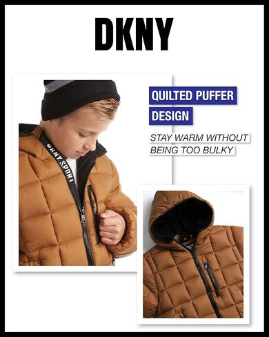 DKNY Boys' Jacket – Lightweight Checker Quilted Packable Puffer Coat with Beanie Winter Hat (8-20) in Saudi Arabia