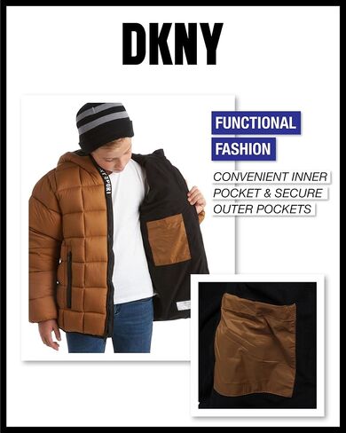 DKNY Boys' Jacket – Lightweight Checker Quilted Packable Puffer Coat with Beanie Winter Hat (8-20) in Saudi Arabia