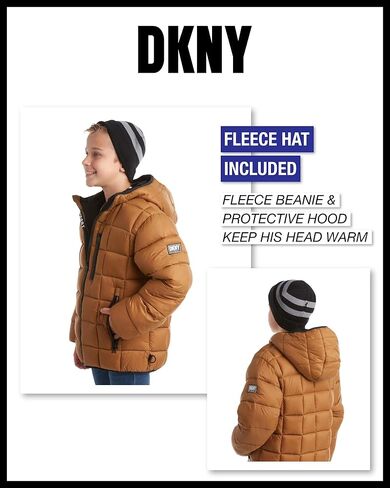 DKNY Boys' Jacket – Lightweight Checker Quilted Packable Puffer Coat with Beanie Winter Hat (8-20) in Saudi Arabia