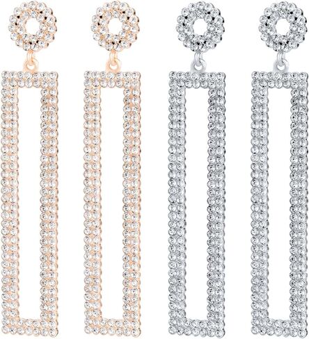 PAGOW 2 Pairs Statement Long Drop Earrings, Hypoallergenic Geometric Rectangle Rhinestone Drop Earrings Jewelry for Women Girls in Saudi Arabia