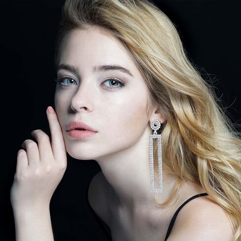 PAGOW 2 Pairs Statement Long Drop Earrings, Hypoallergenic Geometric Rectangle Rhinestone Drop Earrings Jewelry for Women Girls in Saudi Arabia