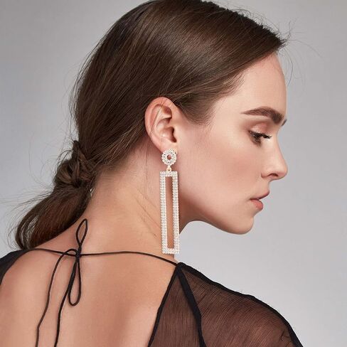 PAGOW 2 Pairs Statement Long Drop Earrings, Hypoallergenic Geometric Rectangle Rhinestone Drop Earrings Jewelry for Women Girls in Saudi Arabia