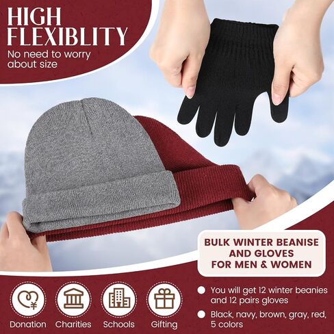 24 Pack Winter Beanies Gloves Cold Weather Unisex Hat Warm Knit Gloves Beanies in Bulk for Men Women, Warm Cozy Gift in Saudi Arabia