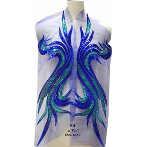 2 Pcs/Set Venise Lace Applique Trims Motif Embroidery DIY Craft Sequins Peacock for Sewing Fabric Clothing Patch Accessories (Blue)