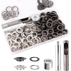 Grommet Tool Kit, 1/4 Inch Grommets Eyelets Sets, 110 Set Eyelets Kit with 3 Pcs Installation Tools and 1 Pcs Storage Box, Stainless Steel Grommets for Fabric, Tarps, Clothing (Black and Silver) in Saudi Arabia