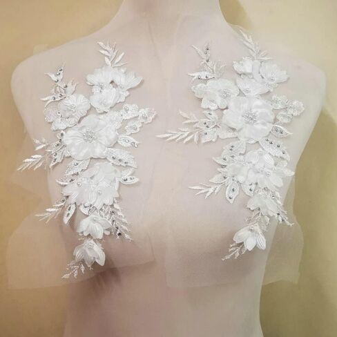 Embroidered Patches Nail Bead Tulle Applique Flower Patch for Clothing Wedding Dress Lace Fabric DIY Decoration (Champagne Color) in Kuwait