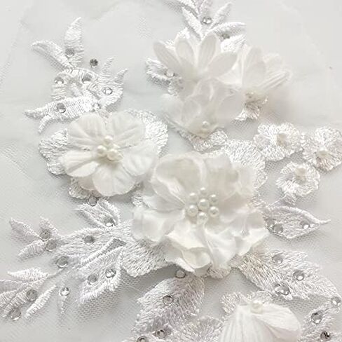 Embroidered Patches Nail Bead Tulle Applique Flower Patch for Clothing Wedding Dress Lace Fabric DIY Decoration (Champagne Color) in Kuwait