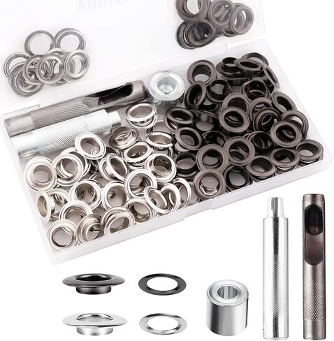 Grommet Tool Kit, 1/4 Inch Grommets Eyelets Sets, 110 Set Eyelets Kit with 3 Pcs Installation Tools and 1 Pcs Storage Box, Stainless Steel Grommets for Fabric, Tarps, Clothing (Black and Silver) in Saudi Arabia