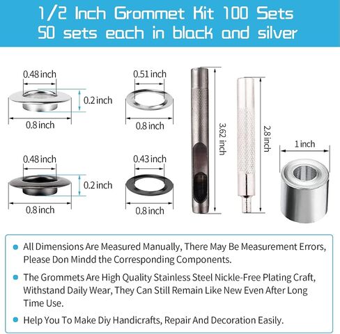 Grommet Tool Kit, 1/4 Inch Grommets Eyelets Sets, 110 Set Eyelets Kit with 3 Pcs Installation Tools and 1 Pcs Storage Box, Stainless Steel Grommets for Fabric, Tarps, Clothing (Black and Silver) in Saudi Arabia