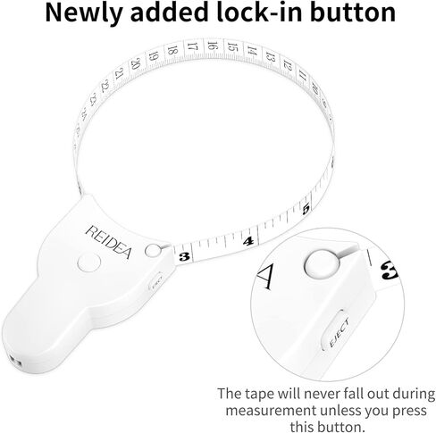 شريط قياس الجسم REIDEA مقاس 60 بوصة (150 سم)، دبوس قفل وزر ضغط، تصميم مريح ومحمول، بما في ذلك. مجموعة إضافية (1 × شريط قياس الملابس 79 بوصة، 1 × 60 بوصة شريط قياس صغير قابل للسحب)، أسود in Kuwait