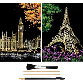 Scratch Painting Kits for Adults & Teens, Craft Art Set, Rainbow Scratch Art Painting Paper, Sketch DIY Night View Scratchboard, 16'' x 11.2'' Creative Gift with 3 Tools kit (Castle / Amusement Park) in Saudi Arabia