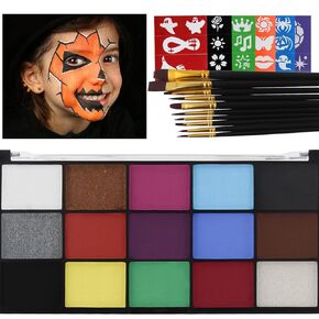 15 Color Face Paint Kit, Professional Face Painting Kit SFX Makeup Palette, Water Activated Body Paint for Cosplay Halloween Party for Kids and Adults Safe Non Toxic with 2 Pcs Brush Matte