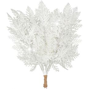 Sawowkuya 24 Pcs White Glitter Christmas Tree Picks Artificial Pine Needles Branches Xmas Floral Picks Sprays for Christmas Tree Decorations Home Wedding Office Decor